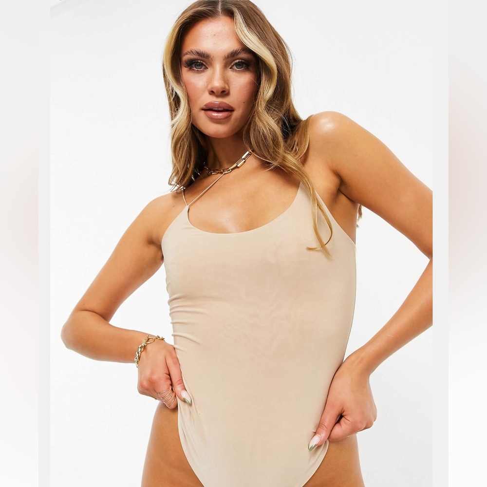 MISSY EMPIRE Asymmetrical Strappy One Piece Bodysuit in nude stone